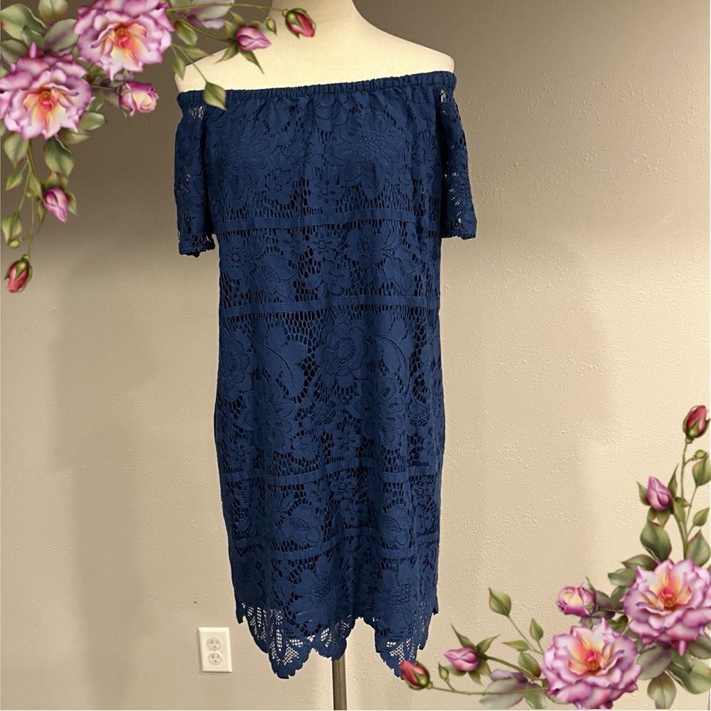 LOFT lace off shoulders, royal navy loose fit knee‎ length dress size Medium